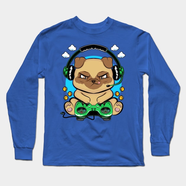 pug doggy gamer, game addicts Long Sleeve T-Shirt by the house of parodies